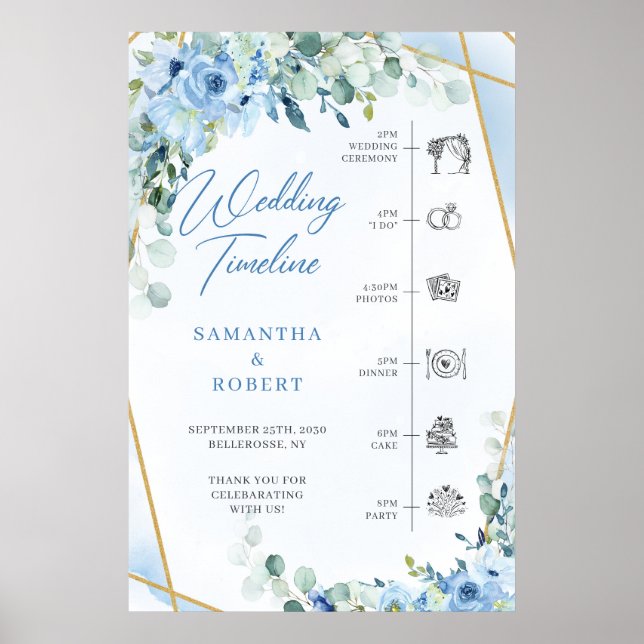 Affiche Fleurs bleues et eucalyptus or mariage Timeline (Devant)