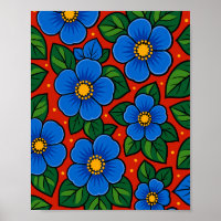 Fleurs bleues et feuilles vertes sur fond rouge
