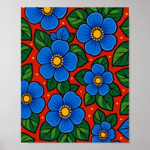 Affiche Fleurs bleues et feuilles vertes sur fond rouge