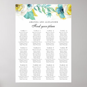Affiche Fleurs bleues et jaunes. Plan de table de mariage