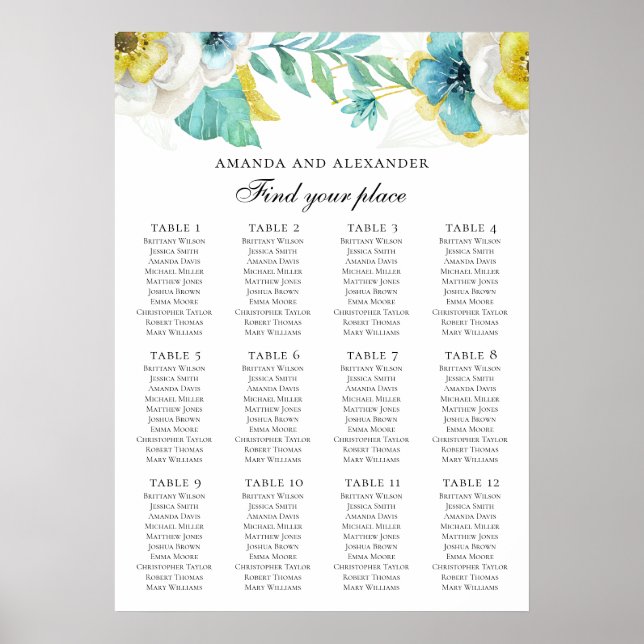 Affiche Fleurs bleues et jaunes. Plan de table de mariage (Devant)