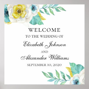 Affiche Fleurs bleues et jaunes, signe d'accueil. Mariage