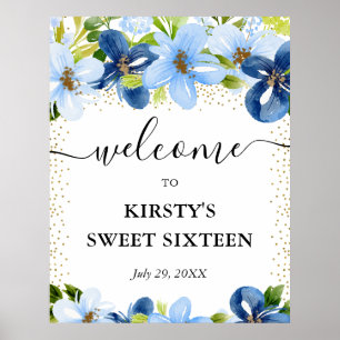 Affiche Fleurs bleues et navy Bienvenue Sweet 16