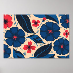Affiche Fleurs bleues et rouges, avec Feuilles bleu foncé
