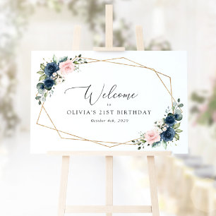 Affiche Fleurs Bleues Marine, Fleurs Roses, Accueil Annive
