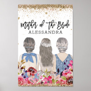 Affiche Fleurs bleues Parties scintillant d'or Mère de la 