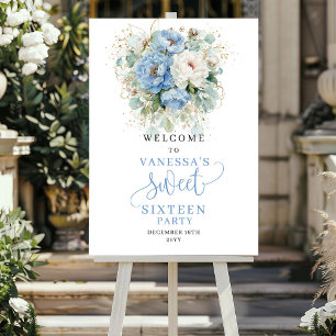 Affiche Fleurs Bleues Pastel Or Bienvenue Sweet Sixteen