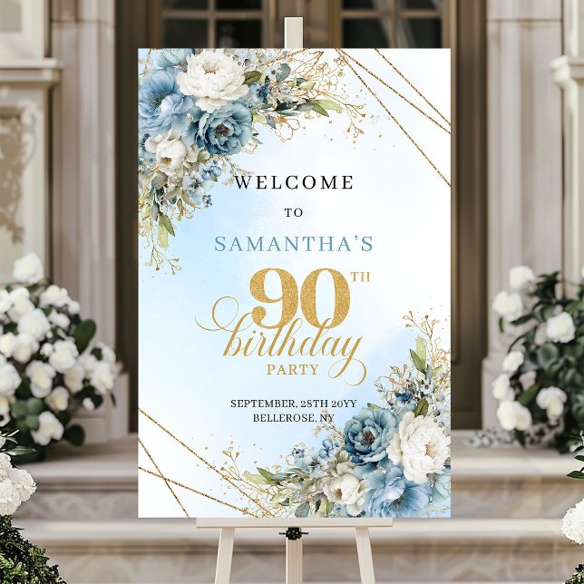 Affiche Fleurs bleues raffinées aquarelle or 90e anniversa (Refined watercolor blue florals gold 90th birthday sign

)