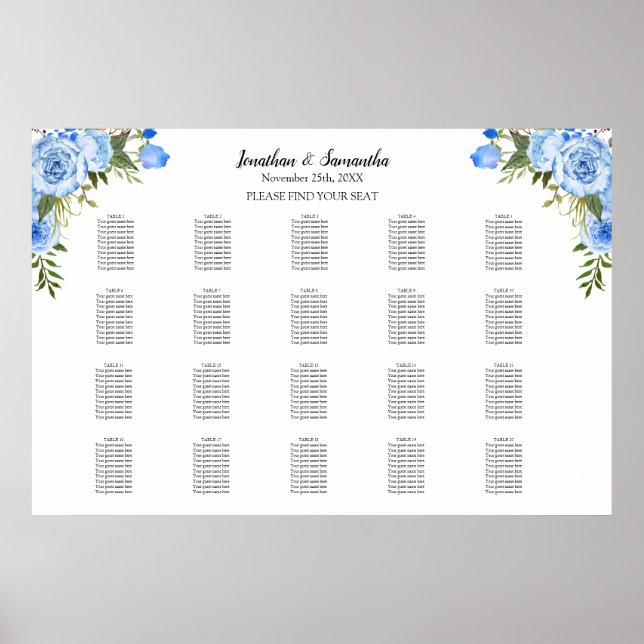 Affiche Fleurs bleues Sièges Graphique 20 tables Mariage (Devant)