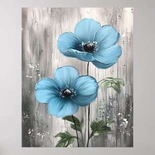 Affiche Fleurs Bleues sur Peinture de Bois Gris