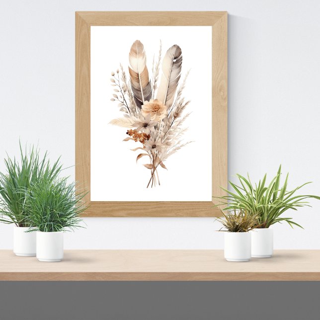 Affiche Fleurs Bohème Grises Beige Marron Botaniques Plume (Boho Bohemian Floral Feathers Botanicals, Neutral Colors Wall Art poster  Brown Beige Cream Gray)