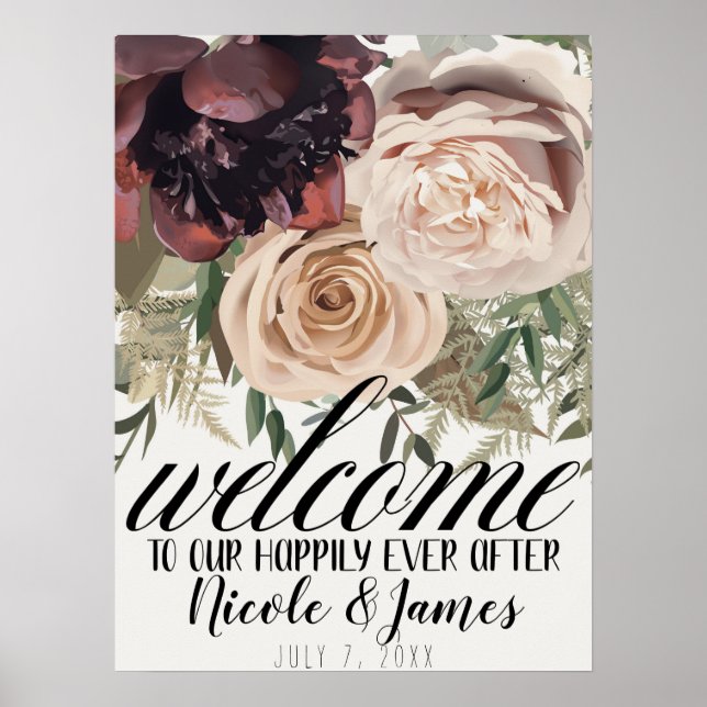 Affiche Fleurs Botaniques de Bienvenue de Mariage en Rougi (Devant)