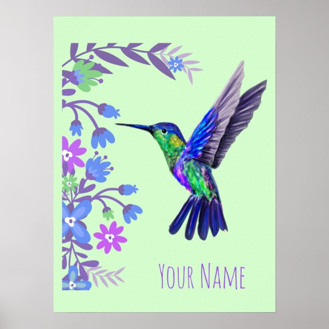 Affiche Fleurs botaniques de colibris pour amoureux des oi (Devant)