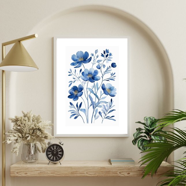 Affiche Fleurs botaniques de fleurs florales aquarelle ble (French Blue Flowers Watercolor Florals Botanicals Wall art Poster Print. Printed or Digital Download)