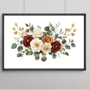 Affiche Fleurs botaniques en terre cuite bordeaux rouille