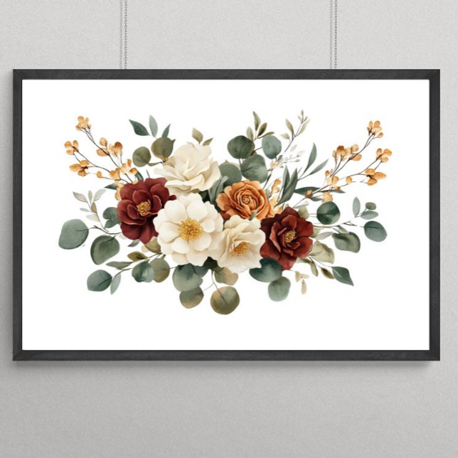 Affiche Fleurs botaniques en terre cuite bordeaux rouille  (Burgundy Rust Cream Floral with Eucalyptus Wall Art)