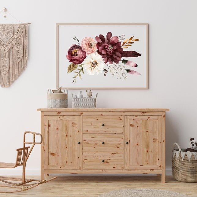 Affiche Fleurs botaniques florales rose violet blanc Bohèm (Purple Pink White Watercolor Floral Wall Art)