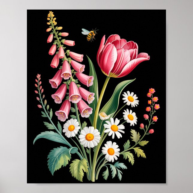 Affiche Fleurs botaniques marguerites tulipe digitale papi (Devant)