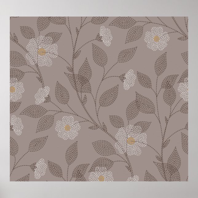 Affiche Fleurs brodées et feuilles, design sans soudure. (Devant)