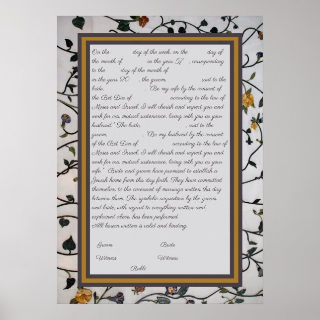 Affiche Fleurs brodées Ketubah - Réforme Texte canadien (Devant)