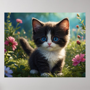 Affiche *~* Fleurs Chat Kitty Noir 5:4 Feline Kitten