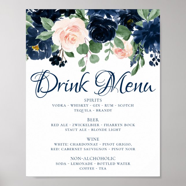 Affiche Fleurs Chic | Menu de Boissons Bleu Marine et Rose (Devant)