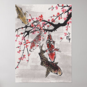 Affiche Fleurs chinoises de prune de l'aquarelle KOI d'art