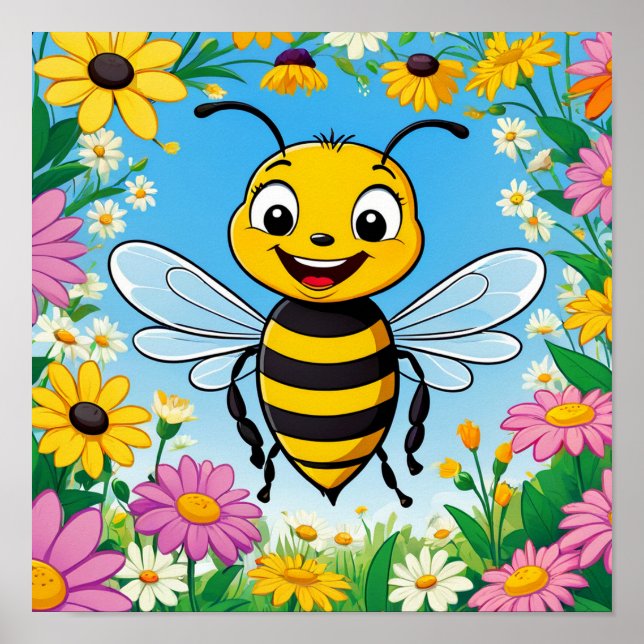 Affiche Fleurs colorées d'abeille de dessin (Devant)