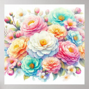 Affiche Fleurs colorées dans des couleurs pastel doux aqua