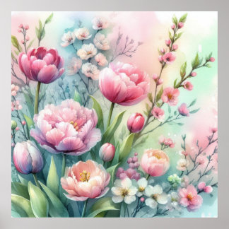 Affiche Fleurs colorées dans des couleurs pastel doux aqua