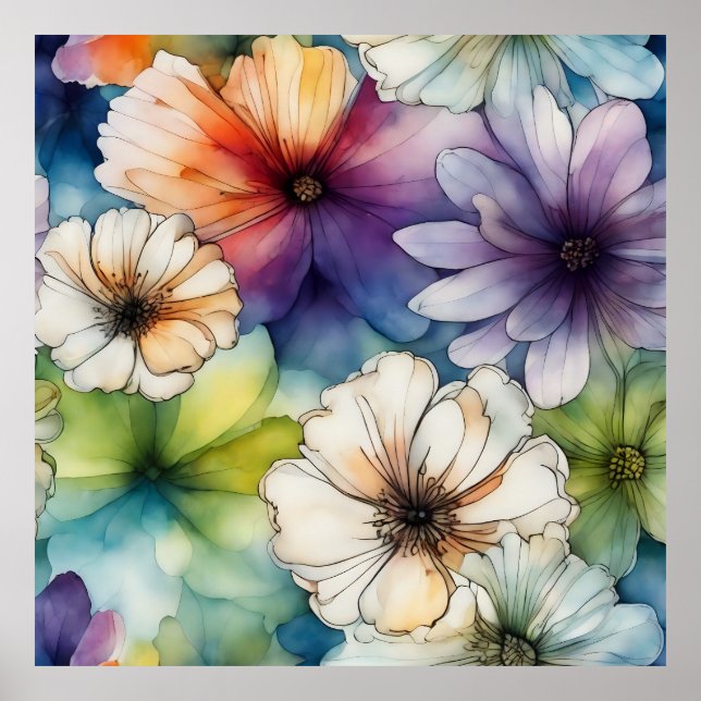 Affiche Fleurs colorées en Aquarelle (Devant)