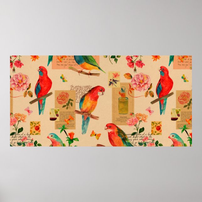 Affiche Fleurs colorées et perroquets motif (Devant)