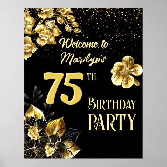 Affiche Fleurs d'anniversaire en noir et or personnalisées (Devant)