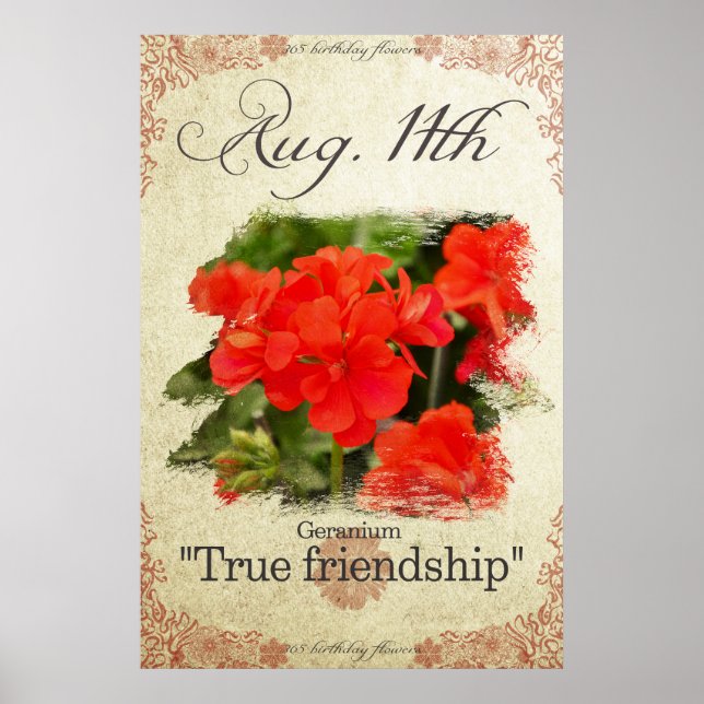 Affiche Fleurs d'anniversaire le 11 août "Geranium" (Devant)