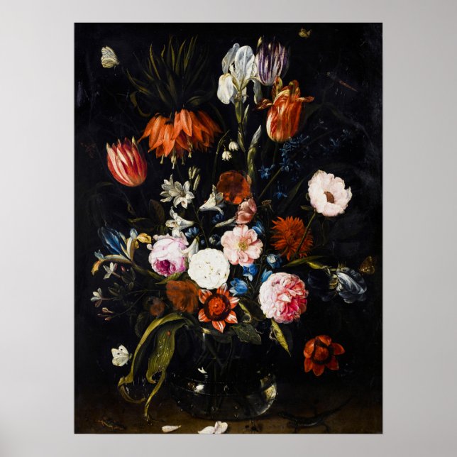 Affiche Fleurs dans un vase en verre Jan van Kessel l'Anci (Devant)