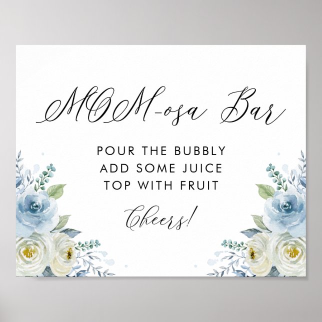 Affiche Fleurs d'aquarelle bleu et blanc barre Maman-osa (Devant)