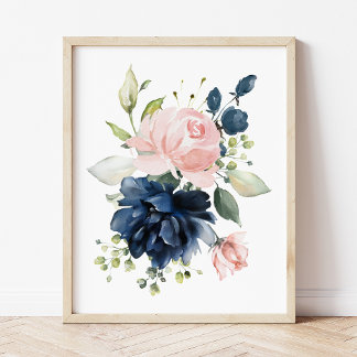Affiche Fleurs d'aquarelle bleu marine et bleu, infirmière