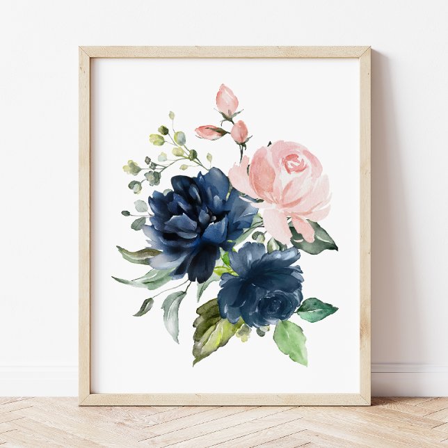 Affiche Fleurs d'aquarelle bleu marine et bleu, infirmière (Créateur téléchargé)