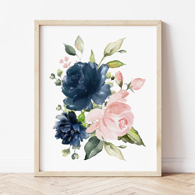 Affiche Fleurs d'aquarelle bleu marine et bleu, infirmière (Créateur téléchargé)