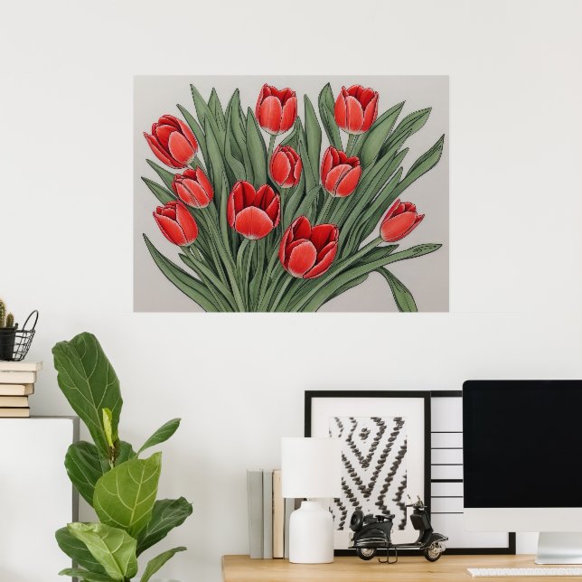 Affiche Fleurs d'aquarelle de la Tulipe rouge (Bureau à domicile)