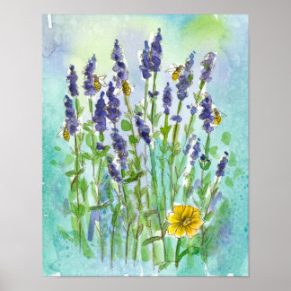 Affiche Fleurs d'aquarelle d'Herbe de Lavande de miel