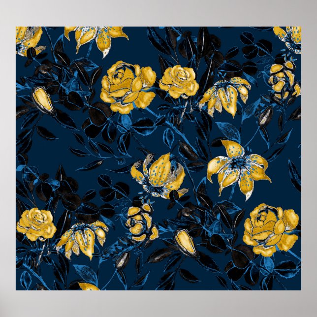 Affiche Fleurs d'aquarelle Feuilles : Motif Vintage (Devant)