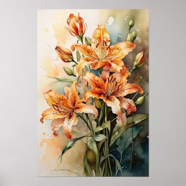 Affiche Fleurs d'aquarelle Lily de tigre - Art Floral (Devant)