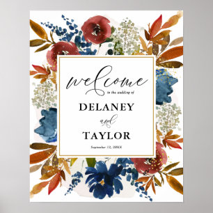 Affiche Fleurs d'aquarelle marine et rouille Boho Bienvenu