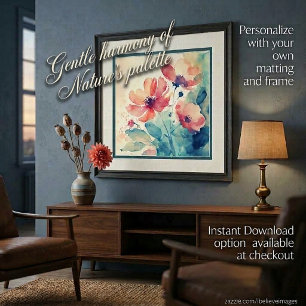 Affiche Fleurs d'aquarelle rose et bleu art