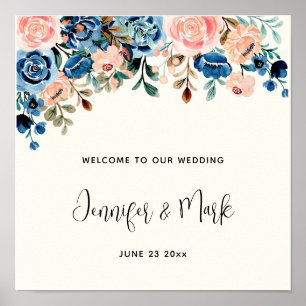 Affiche Fleurs d'aquarelle rose et bleu Mariage Bienvenue