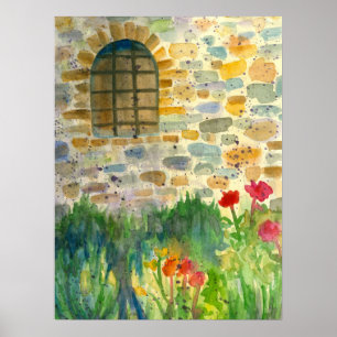 Affiche Fleurs d'aquarelle rouge Pavot Fenêtre peinte