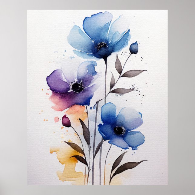 Affiche Fleurs d'aquarelle violette et bleue (Devant)