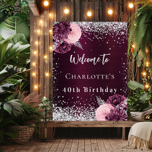 Affiche Fleurs d'argent bordeaux d'anniversaire bienvenue
