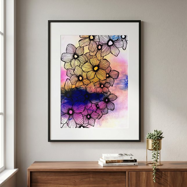 Affiche Fleurs d'art en ligne noire sur fond d'aquarelle p (Créateur téléchargé)
